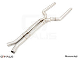 LSR mid resonator delete pipes for BMW F91/92 M8, 76mm stainless steel cat-back exhaust system. Enhanced performance and sound.