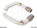 BMW F93 M8/M8 Competition 2020+ downpipe featuring a secondary cat-delete design for enhanced exhaust flow and performance.