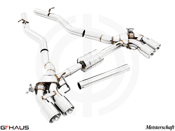 Premium performance exhaust system for BMW F93 M8 and M8 Competition GranCoupe, featuring stainless steel construction and electronic valve control.