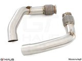 Premium stainless steel down pipe for BMW F95 X5M SAV 2020+, designed for secondary cat-delete performance enhancement.