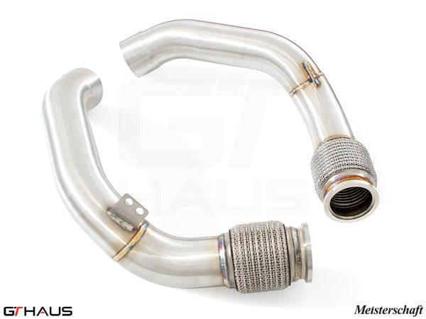 Premium down pipe for BMW F96 X6M SAV 2020+, designed for secondary cat-delete, enhancing exhaust flow and performance.