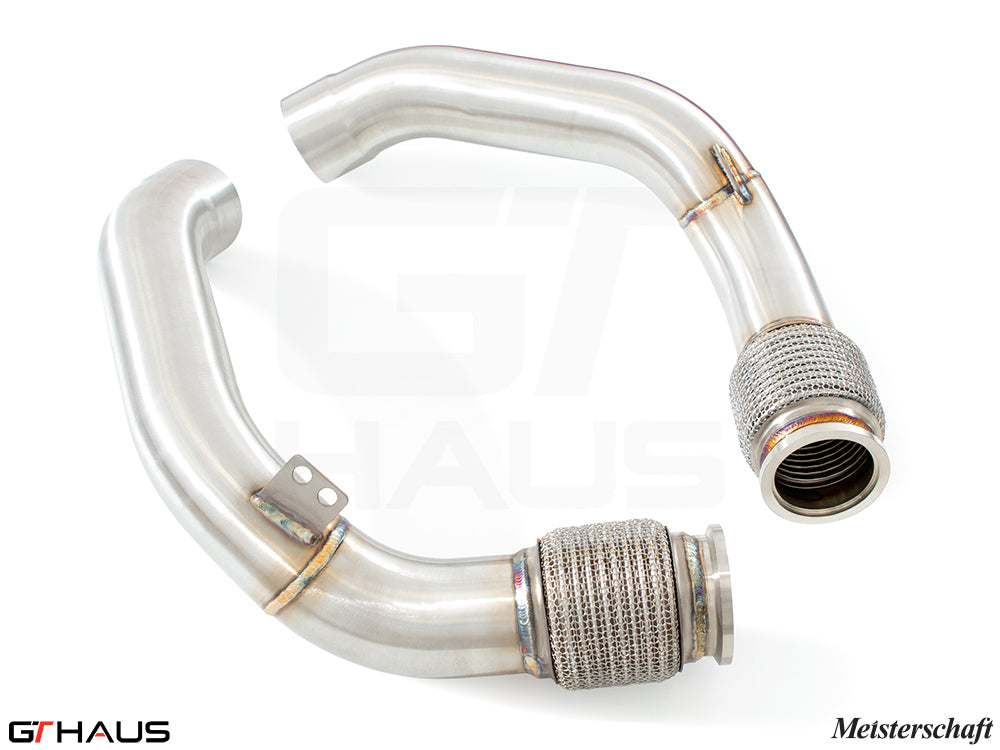 Premium downpipe for BMW F96 X6M LCI 2024+, designed for secondary cat-delete, enhancing exhaust flow and performance.