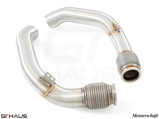 Premium downpipe for BMW F96 X6M LCI 2024+, designed for secondary cat-delete, enhancing exhaust flow and performance.