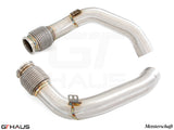BMW F96 X6M LCI 2024+ downpipe with secondary cat-delete, featuring high-quality stainless steel construction.