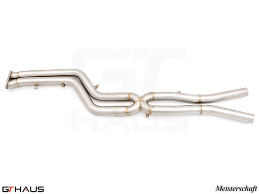 Premium cat-back dual LSR mid resonator delete pipes for BMW F97 X3M 2019-2021, crafted from stainless steel.