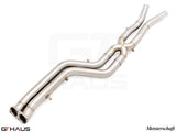 BMW F97 X3M 2019-2021 full cat-back 76mm dual LSR mid resonator delete pipes in polished stainless steel.