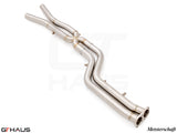 BMW F97 X3M SAV 2019-2021 full cat-back 76mm dual LSR mid resonator delete pipes in polished stainless steel.