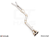 Full cat-back 90mm single LX mid resonator delete pipes for BMW F97 X3M SAV 2019-2021, crafted from high-quality stainless steel.