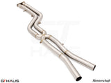 BMW F97 X3M 2022+ full cat-back 76mm dual LSR mid resonator delete pipes in polished stainless steel.