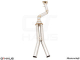 BMW F97 X3M SAV 2022+ full cat-back 90mm single LX mid resonator delete pipes in polished stainless steel.