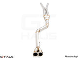 BMW F97 X3M SAV 2022+ full cat-back 90mm single LX mid resonator delete pipes in polished stainless steel.