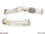 Premium down pipes for BMW F98 X4M (2019-2021) featuring 90mm piping and 400 CEL sport cats for enhanced performance.
