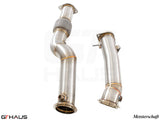 Premium down pipes for BMW F98 X4M SAV 2019-2021 featuring 400 CEL sport cats and 90mm piping. Durable stainless steel design.