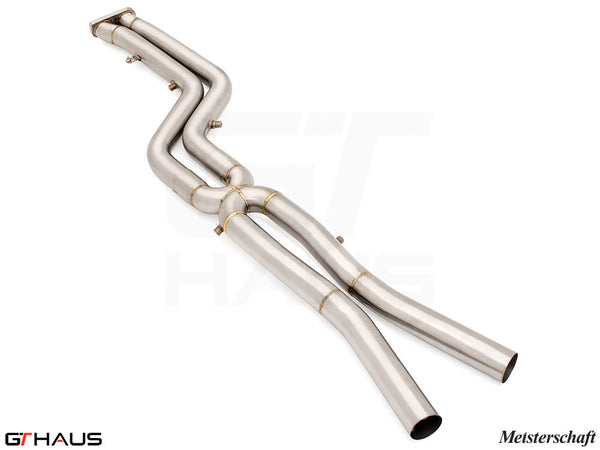 BMW F98 X4M 2019-2021 full cat-back 76mm dual LSR mid resonator delete pipes in polished stainless steel.