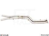 BMW F98 X4M 2019-2021 full cat-back 76mm dual LSR mid resonator delete pipes in polished stainless steel.