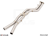BMW F98 X4M 2019-2021 full cat-back 76mm dual LSR mid resonator delete pipes in polished stainless steel finish.