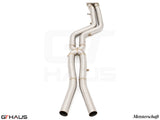 Full cat-back 76mm dual LSR mid resonator delete pipes for BMW F98 X4M SAV 2019-2021, crafted from high-quality stainless steel.