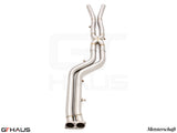 BMW F98 X4M 2022+ full cat-back 76mm dual LSR mid resonator delete pipes in polished stainless steel.