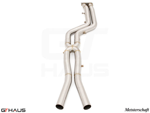 BMW F98 X4M 2022+ full cat-back 76mm dual LSR mid resonator delete pipes in polished stainless steel finish.