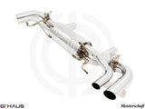 Premium exhaust system for BMW G11/G12 7 Series 750i Bi-turbo V8, featuring polished stainless steel and electronic valve control.