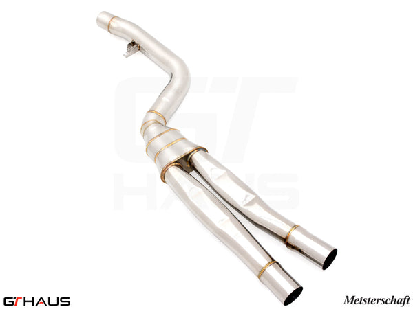 BMW G20 3 Series 340i/xi/M340i full cat-back LSR mid resonator delete pipes, featuring polished stainless steel construction.