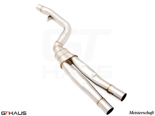 BMW G20 3 Series 340i/xi/M340i full cat-back LSR mid resonator delete pipes, featuring polished stainless steel construction.