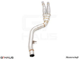 BMW G20 3 Series 340i/xi/M340i full cat-back LSR mid resonator delete pipes in polished stainless steel.