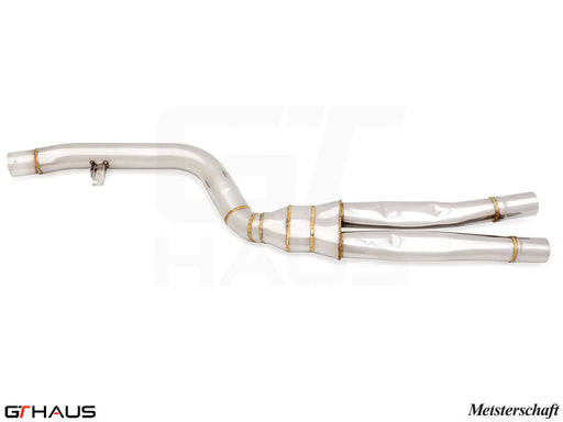 BMW G20 3 Series 340i/xi/(M340i) 2023+ full cat-back LSR mid resonator delete pipes in polished stainless steel.