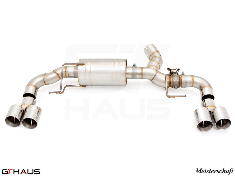 Premium exhaust system for BMW G22/G23 4 Series 420i/430i/xi I-4, featuring stainless steel construction and quad tips.