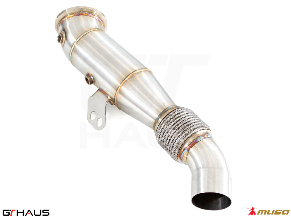 Stainless steel down pipe for BMW G22/G23 440i/xi/M440i with OBD2 and 400 CEL sport cats for enhanced performance.