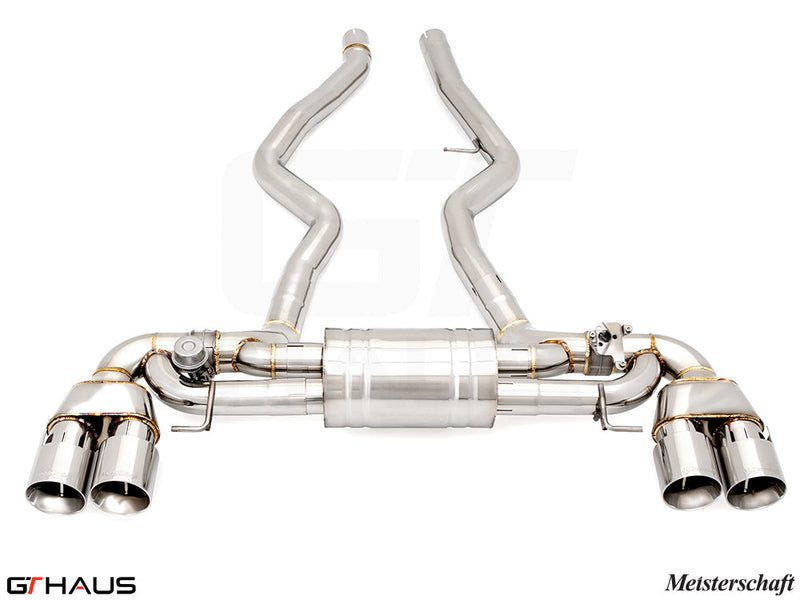 Premium Meisterschaft exhaust system for BMW G22/G23 440i/xi/M440i, featuring polished stainless steel and dual tips.