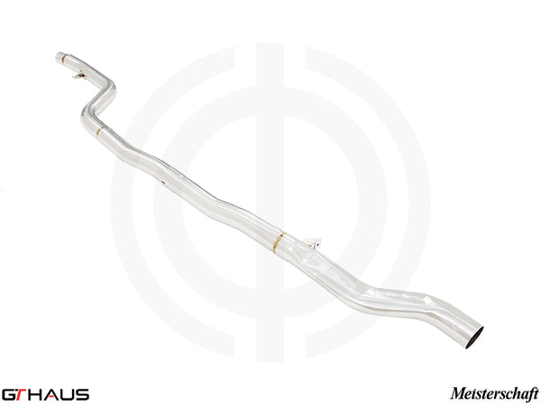 BMW G30/G31 5 Series 2021-2023 full cat-back LSR mid resonator delete pipes designed for 540 model, showcasing polished stainless steel construction.