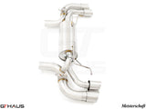 Premium exhaust system for BMW G30/G31 5 Series 550i/xi Bi-turbo V8, featuring polished stainless steel construction.