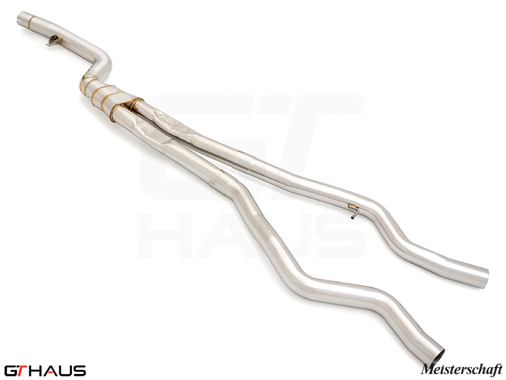 Cat-back LSR mid resonator delete pipe for BMW G42 240i/xi/M240i, designed for B58 models, featuring stainless steel construction.