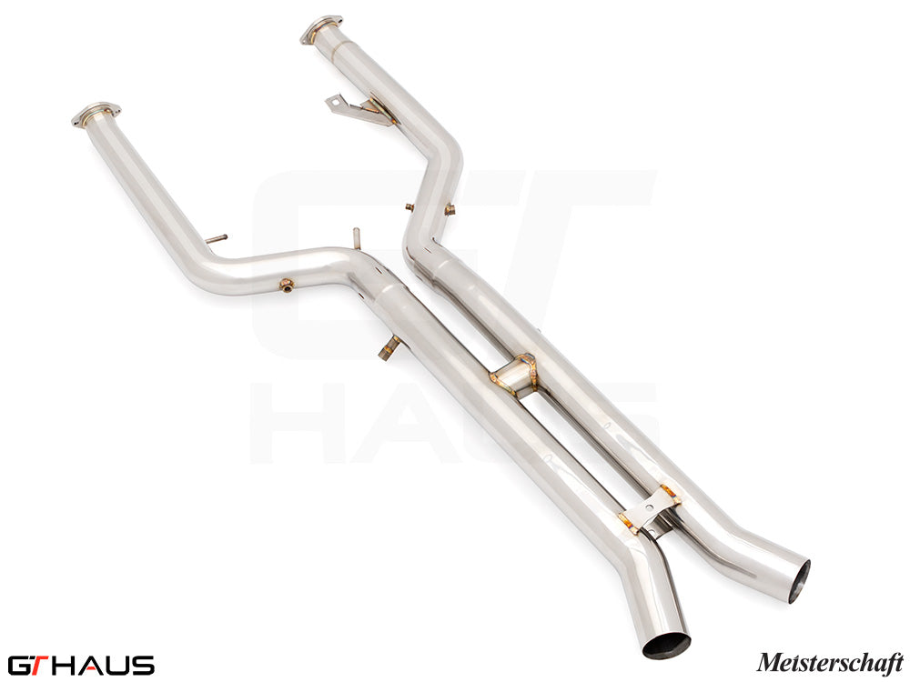 Premium dual LX cat-back exhaust pipes for BMW G80/82/83, featuring 76mm stainless steel construction and Velocity box.