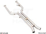 Premium dual LX cat-back exhaust pipes for BMW G80/82/83, featuring 76mm stainless steel construction and Velocity box.