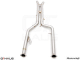 Premium dual LX cat-back exhaust pipes for BMW G80/82/83, featuring 76mm piping and optional Velocity box.