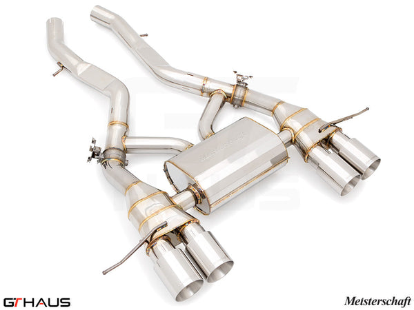 Premium Meisterschaft exhaust system for BMW G80/82/83 M3/M4, featuring stainless steel construction and dual tips.
