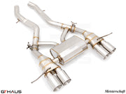 Premium Meisterschaft exhaust system for BMW G80/82/83 M3/M4, featuring polished stainless steel and dual tips.