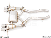 Premium Meisterschaft exhaust system for BMW G80/82/83 M3/M4, featuring stainless steel construction and dual tips.