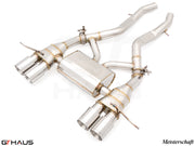 Premium performance exhaust system for BMW G80/82/83 M3/M4, featuring stainless steel construction and dual tips.