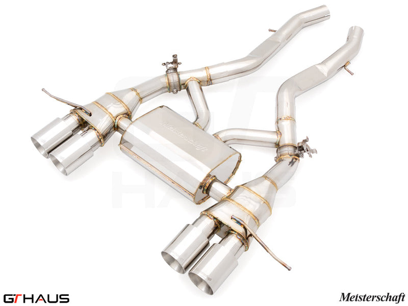 Premium performance exhaust system for BMW G80/82/83 M3/M4, featuring stainless steel construction and dual tips.