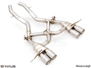 Premium Meisterschaft exhaust system for BMW G80/82/83 M3/M4, featuring stainless steel construction and dual tips.