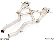 Premium performance exhaust system for BMW G80/82/83 M3/M4, featuring stainless steel construction and dual tips.