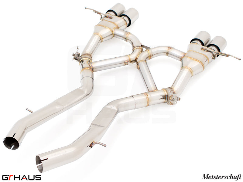 Premium performance exhaust system for BMW G80/82/83 M3/M4, featuring stainless steel construction and dual tips.