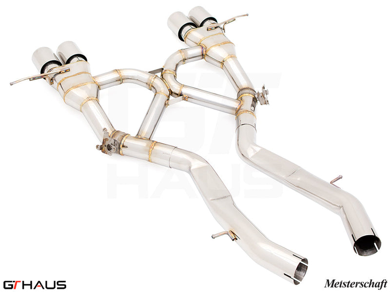 Premium stainless steel exhaust system for BMW G80/82/83 M3/M4, featuring dual tips and precision welds for enhanced performance.
