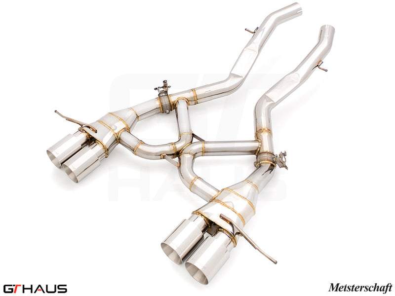 Premium performance exhaust system for BMW G80/82/83 M3/M4, featuring stainless steel construction and dual tips.