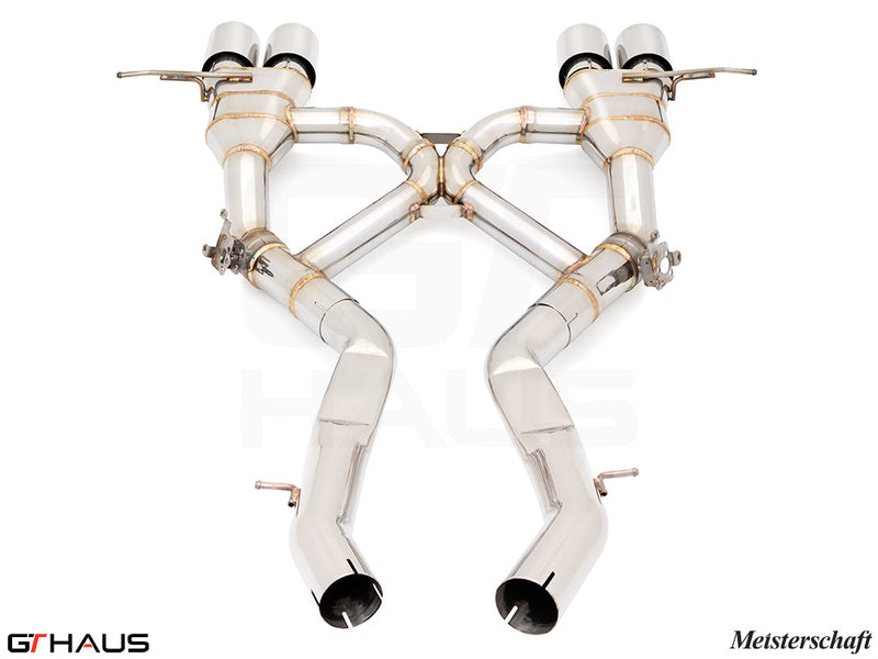 Premium performance exhaust system for BMW G80/82/83 M3/M4, featuring stainless steel construction and dual tips.