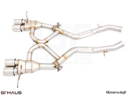 Premium Meisterschaft exhaust system for BMW G80/82/83 M3/M4, featuring stainless steel construction and dual tips.