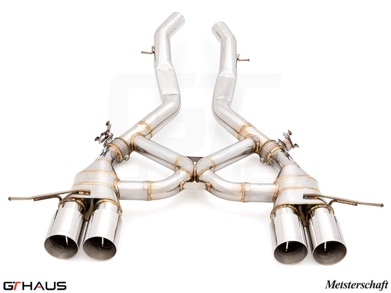 Premium performance exhaust system for BMW G80/82/83 M3/M4, featuring stainless steel construction and dual tips.